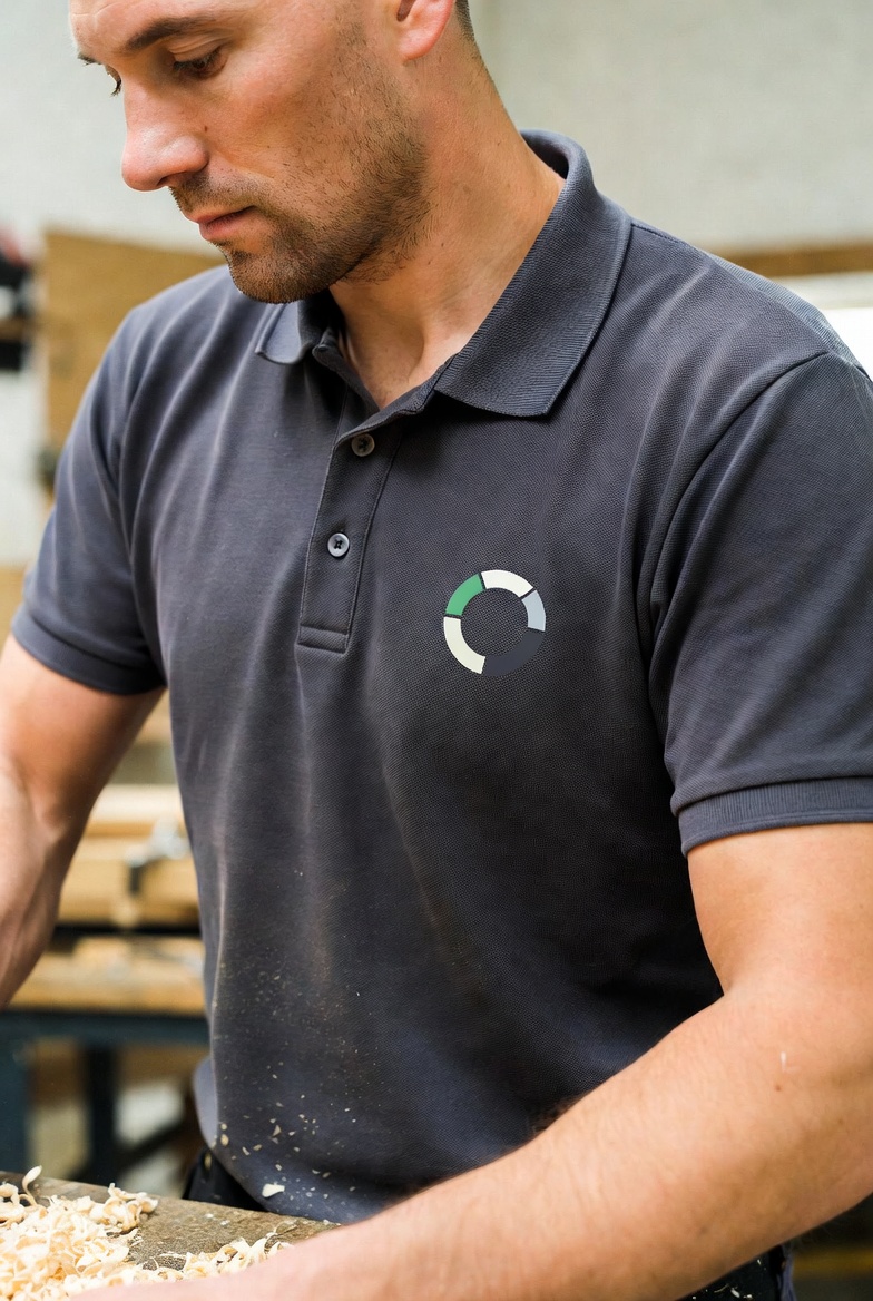Handwerker mit Firmenlogo auf Polo-Shirt in einer Schreinerei