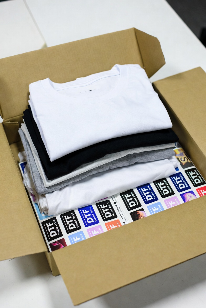 Versandkarton mit T-Shirts und DTF-Transfers