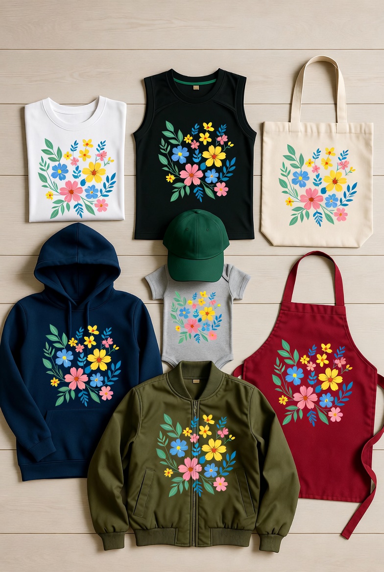 Dasselbe Blumen-Motiv auf acht verschiedenen Textilien — T-Shirt, Hoodie, Cap, Tasche, Schürze, Jacke, Body und Tank Top