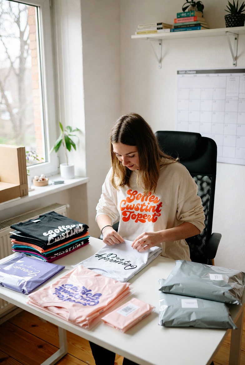Junge Unternehmerin verpackt bedruckte T-Shirts für den Versand