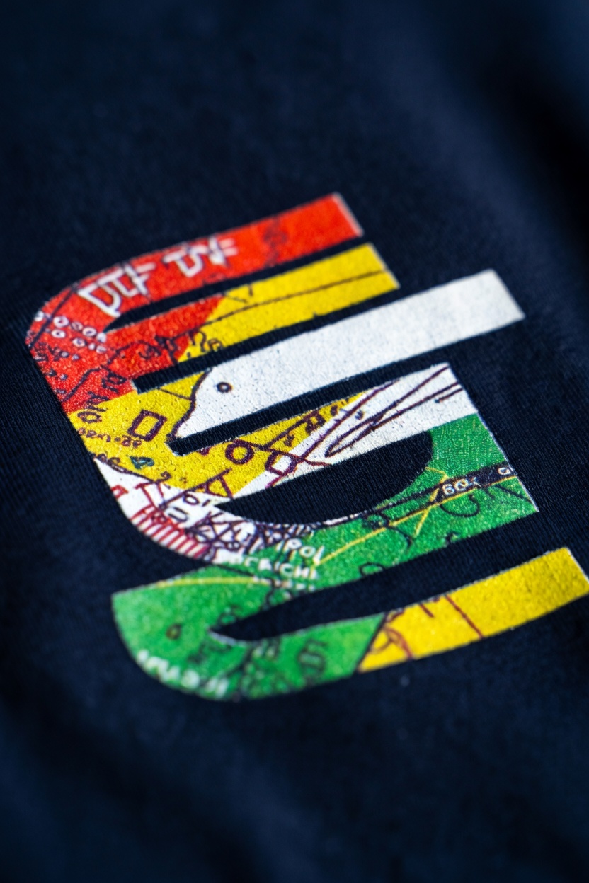 Nahaufnahme eines mehrfarbigen DTF-Transfers auf dunklem Textil