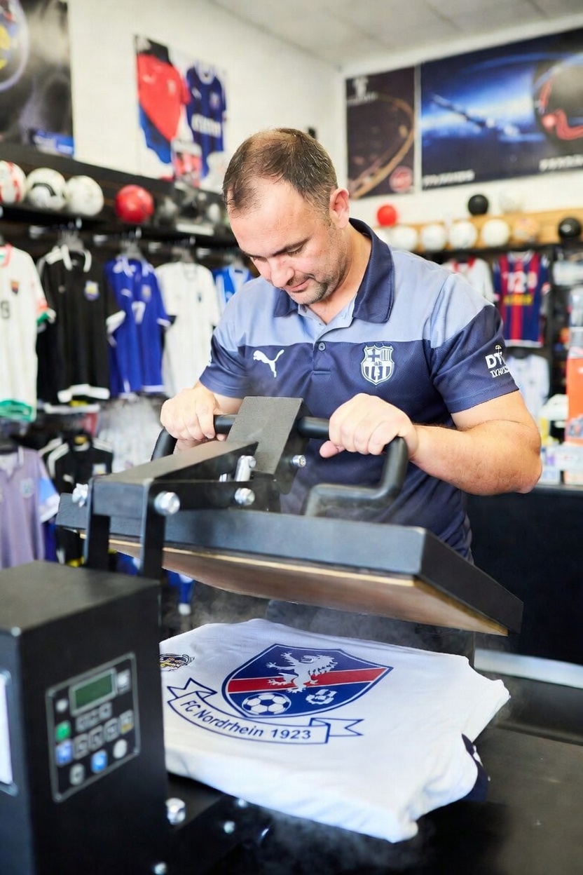 Sportgeschäft-Betreiber verpresst ein Vereinslogo mit einer Transferpresse