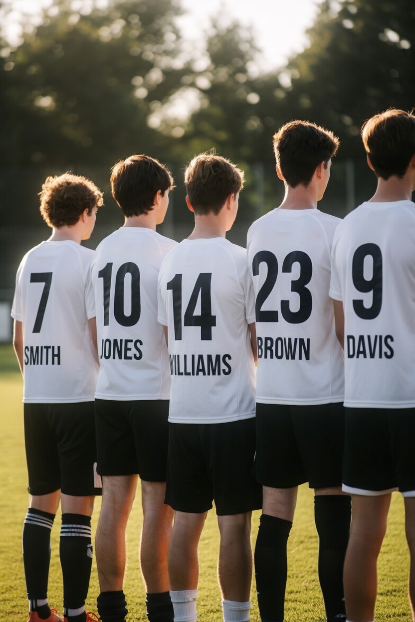 Jugend-Fußballmannschaft von hinten mit individuellen Rückennummern und Namen