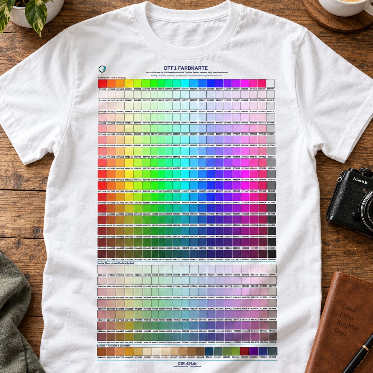DTF1 Farbmuster-Shirt — 525 DTF-Farben mit Hex-Codes auf weißem Baumwoll-Shirt