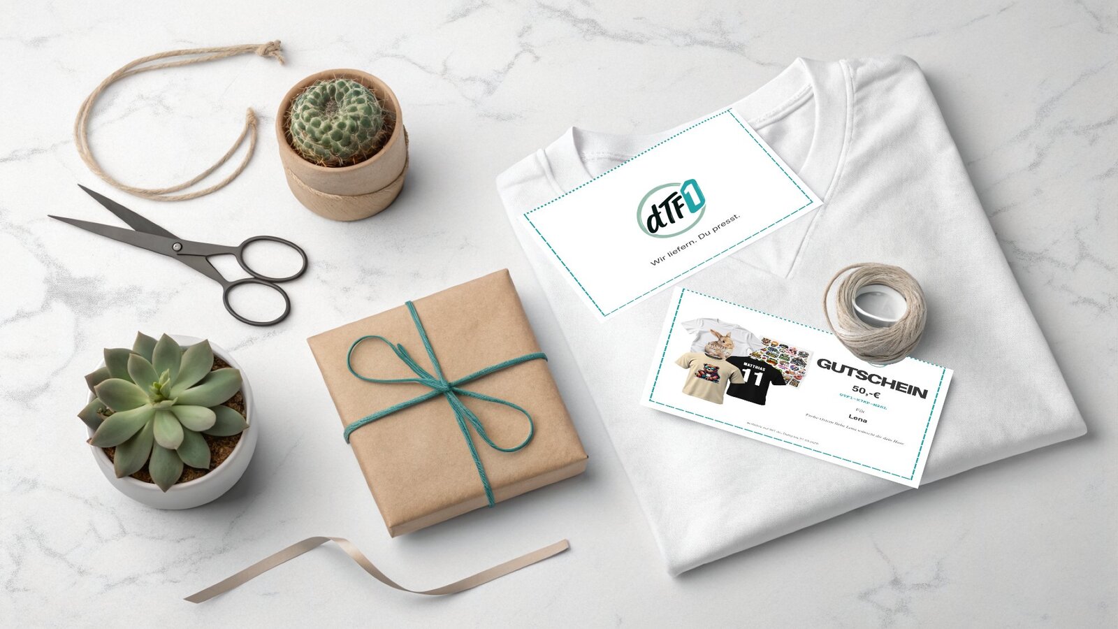 DTF1 Geschenkgutschein – Gutscheinkarte mit bedrucktem T-Shirt und Geschenkverpackung